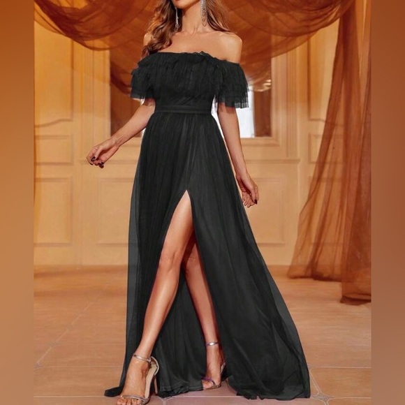 Luxe off shoulder mesh party formal gown dress - Picture 4 of 6